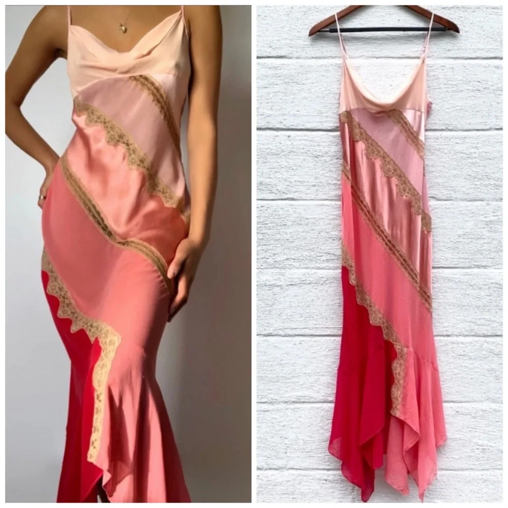 Vintage 90’s Y2K 100% Silk Slip Dress Cowl Boho Sheer Lace Backless Belladonna - Picture 1 of 16